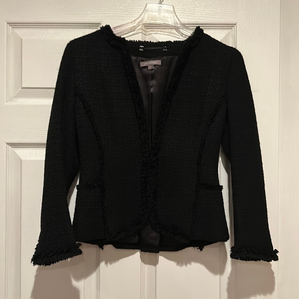 Ann Taylor Black Fringe Tweed Blazer Jacket Sz 2